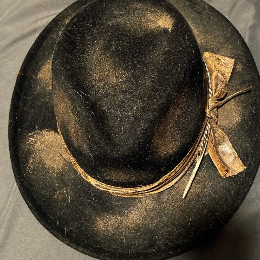 Black and Brown Felt Fedora Hat with Brown Trim and a feather- Women’s Accessory